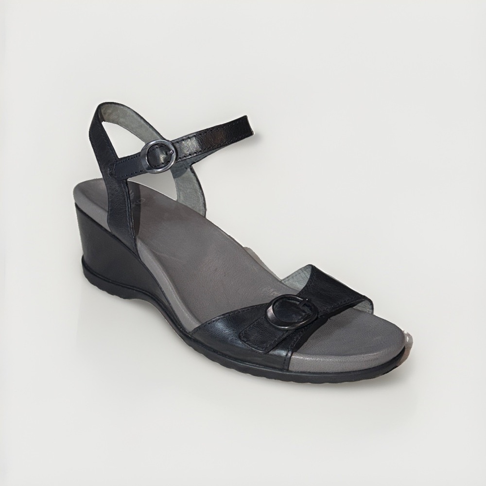 Dansko Leather Wedge Sandals Arielle Black Women's Size 38 7.5-8 Buckle Comfort